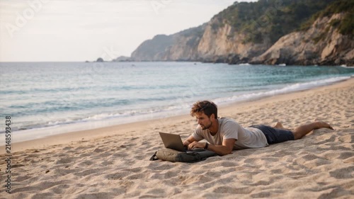 Digital nomad freelancer working on laptop on rocky beach with calm ocean coast view