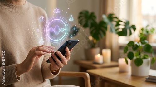 Woman uses a smartphone to access a voice recognition holographic interface in a home environment.