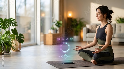 Yogi sits in a lotus position while viewing a glowing health metrics projection from a mobile device.