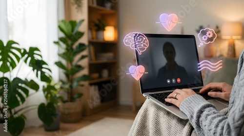 Laptop screen displays glowing health icons during a remote wellness consultation session.