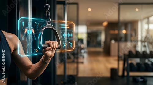 Athlete utilizes a high-tech gym machine equipped with a holographic interface for performance tracking.