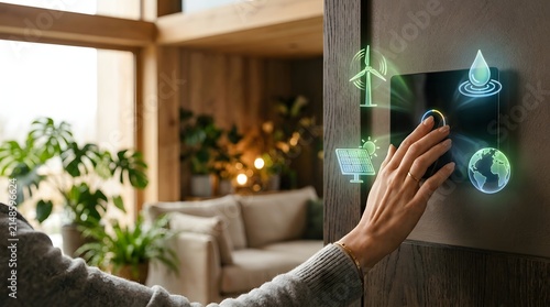Homeowner adjusts a smart thermostat to manage sustainable energy consumption in a modern living space.