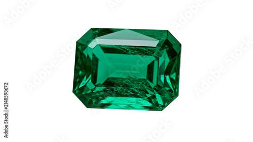 Octagonal cut emerald gemstone with facets, isolated on transparent background