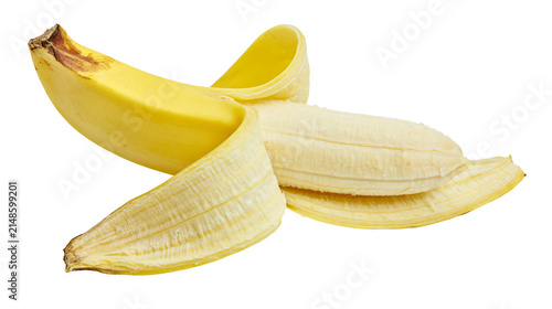 Fotografie Partially peeled ripe yellow banana with textured skin, isolated on transparent