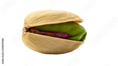 Single shelled pistachio nut with vibrant green kernel and purple skin, isolated on transparent background
