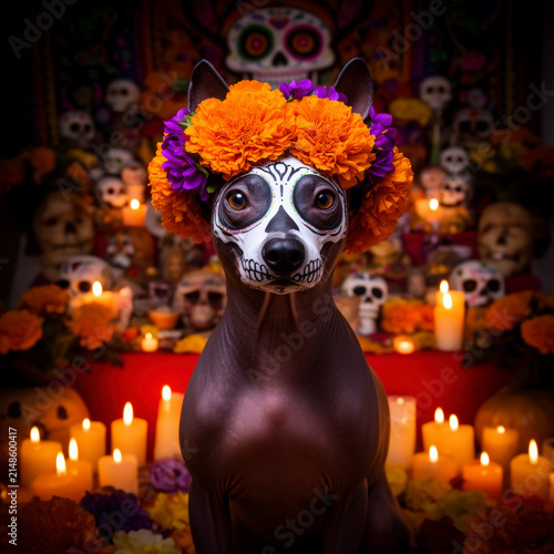 xoloitzcuintle, perro xolo, xolo mexicano, perro sin pelo, perro sin pelo mexicano, Día de los Muertos, día de muertos, altar de muertos, ofrenda mexicana, cultura mexicana, tradición mexicana, cempas