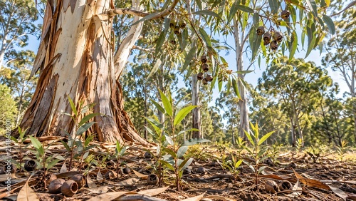 Tall eucalyptus trees in a dense forest canopy