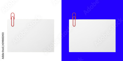 Blank white paper sheet attached with a shiny red metal paper clip on flat surface transparent png