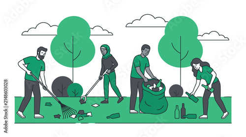 Diverse Group of Volunteers Cleaning Up Litter in a City Park
