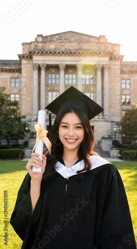 Asian Graduate Standing With Diploma in Sunlit University Yard
