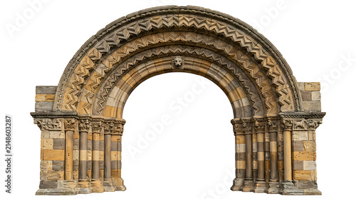 Ornate Romanesque Stone Archway Architectural Element Isolated on White Background