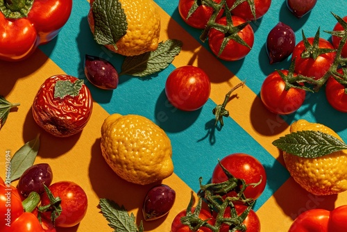 Ripe cherry tomatoes and citrus lemons in a flat lay pattern on a two-tone background for Mediterranean food packaging and graphic design