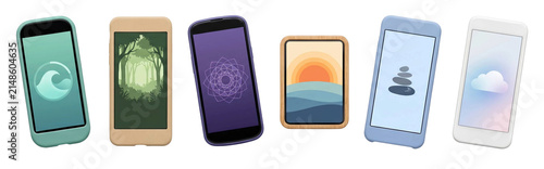 Six different smartphones in colorful protective cases display a variety of wellness, meditation, and nature app icons on their screens, arranged in a neat, slightly angled row