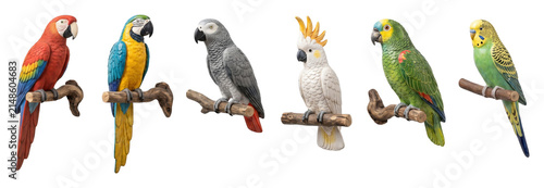 Collection of six colorful parrot figurines perched on wooden branches, showcasing various species including a macaw, cockatoo, amazon, and budgerigar in a horizontal line