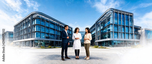 Business Colleagues Outside Modern Office Complex With White Fade Bottom
