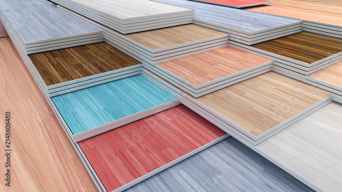 Multi colored parquet flooring boards with various textures stack. 3D illustration