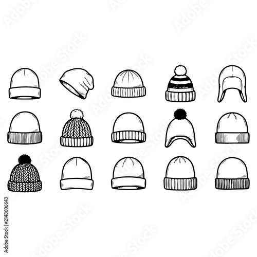 Set of winter hats and beanies outline vector illustration for cold weather concepts
