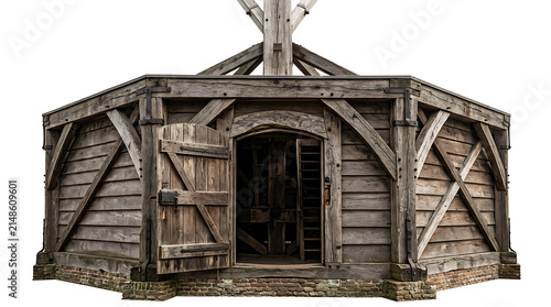 Rustic Wooden Structure of a Historic Medieval Windmill Base with Open Entrance Doorway