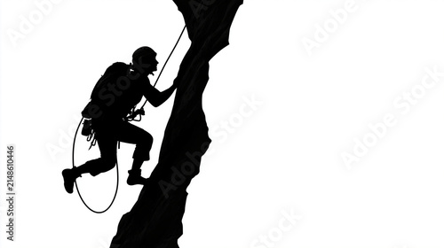 Black and white vector illustration of a rock climber silhouette on a steep cliff, minimalist adventure sport design, with copy space