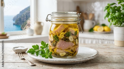 Gourmet preserved tuna in olive oil, infused with Mediterranean herbs and garlic, sits on a rustic table. This healthy, flavorful meal reflects a desirable coastal lifestyle.