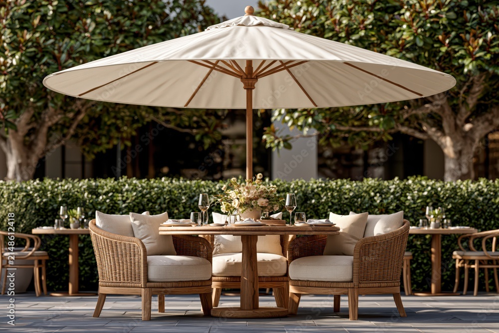 Fototapeta premium Luxury outdoor dining table setting under large umbrella in garden patio