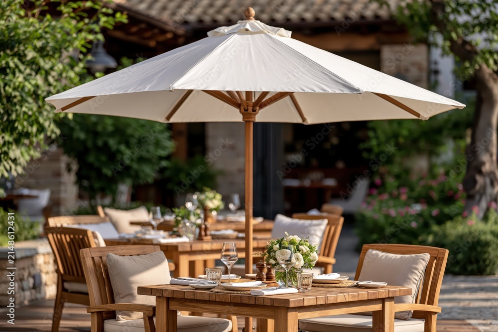 Obraz premium Outdoor restaurant terrace with white parasols and wooden dining tables
