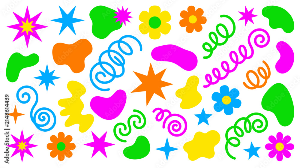 Fototapeta premium Set of colorful retro 90s style abstract shapes, doodles, flowers, and stars