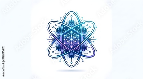 Abstract Quantum Computing Atom Symbol with Futuristic Circuit Board Pattern
