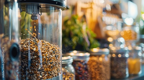 Zero waste shopping with glass jar at an eco friendly bulk grocery store
