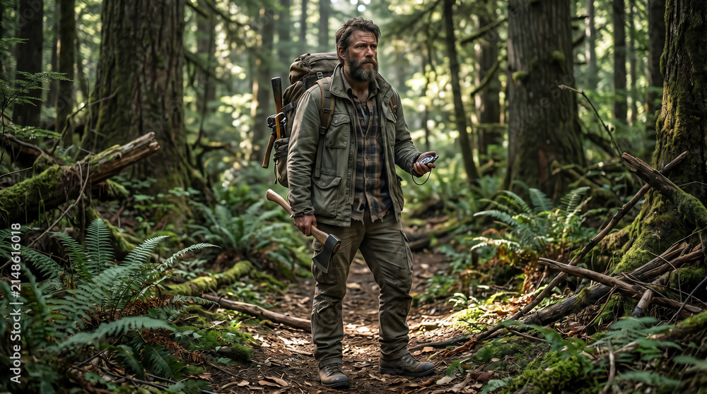 Fototapeta premium Rugged male survivalist with axe navigating a dense forest using compass