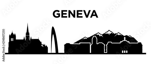 Geneva Switzerland Skyline Silhouette with Alps and Landmarks, Isolated Black Vector Illustration.