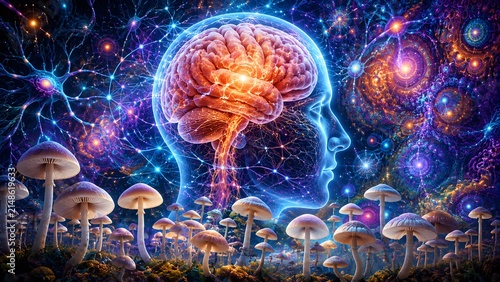 Psychedelic brain concept with mushrooms representing altered consciousness neuroscience creativity and mental exploration