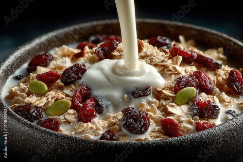 Milk pouring into bowl of muesli