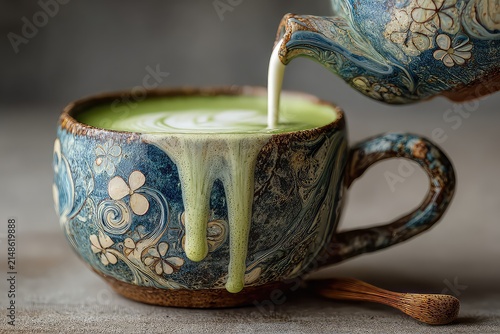 Milk pouring into matcha latte cup