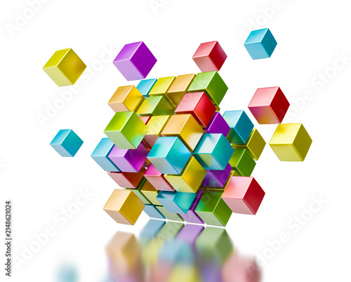 Scene featuring business teamwork collaboration communication concept - colorful color cubes assembling into cubic structure isolated on white with reflection