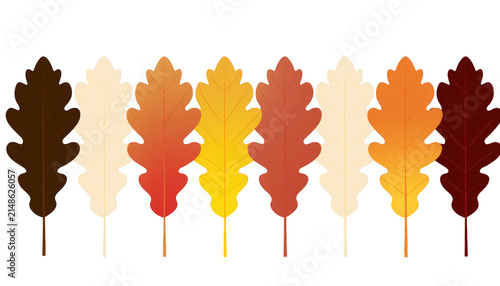 Row of Eight Stylized Colorful Autumn Oak Leaves
