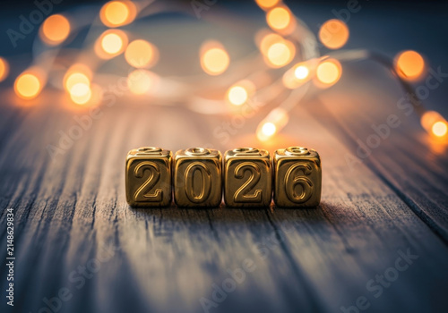 Golden dice with numbers 2026 on wooden surface with blurred bokeh lights background New Year celebration concept festive atmosphere bright glowing decoration.