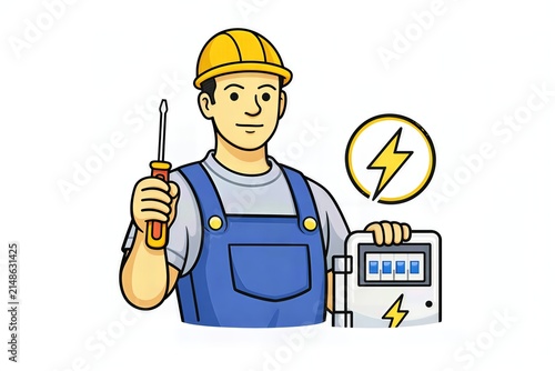 Electrician working with tools and meter in simple design