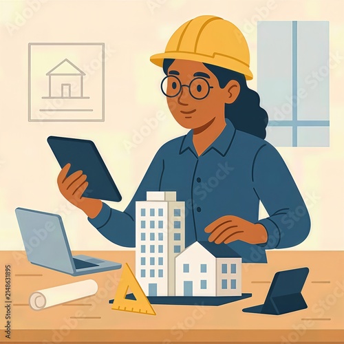 Engineer reviews building models and plans in workspace with tablet