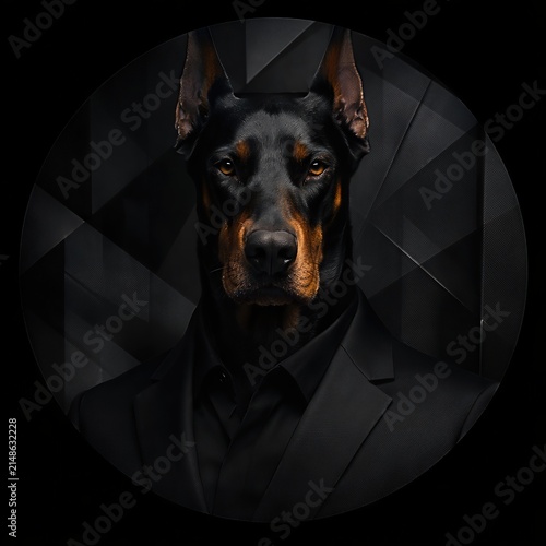Doberman wearing a black suit in a dark setting with geometric patterns