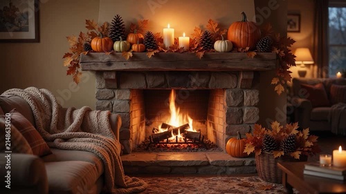 Cozy living room fireplace with autumn pumpkin and candle decorations creating a warm, comfortable and festive atmosphere