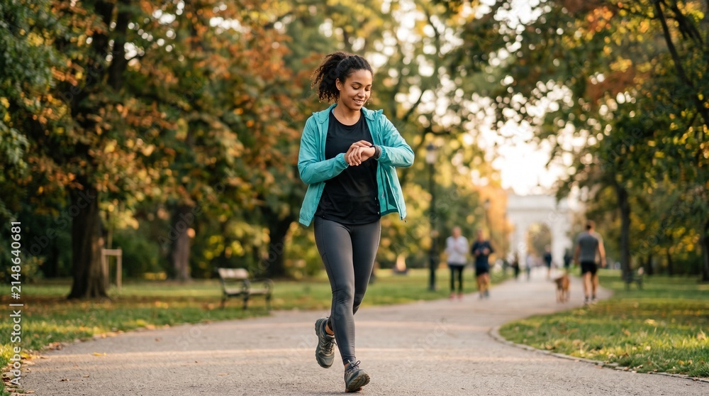 Obraz premium Woman checking smartwatch while jogging in park during autumn season