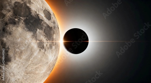 Close-up of moon surface with silhouette celestial object and bright light flare