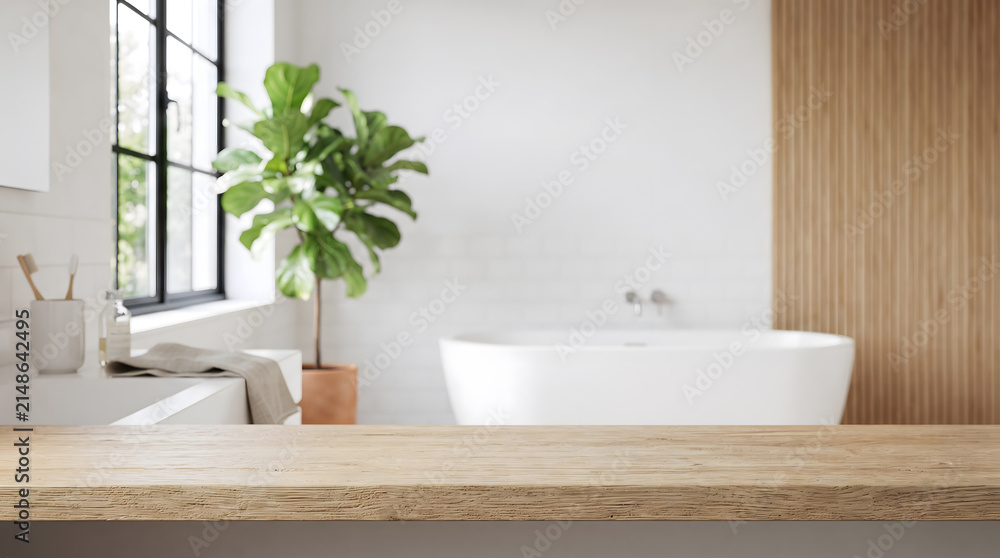 Fototapeta premium Modern minimalist bathroom with a freestanding bathtub, large window, and potted fiddle leaf fig plant.