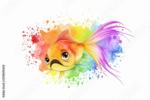 A vibrant goldfish swims within a splash of rainbow colors.
