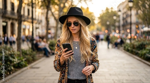 A young woman wearing a black hat and sunglasses looks at her smartphone in an urban background.