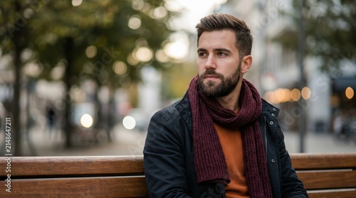 Thoughtful young man sitting on an urban bench in the city.
