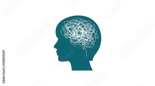 Teal human head silhouette with tangled messy brain lines on white background symbolizing confusion overthinking and mental health concepts