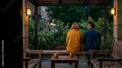 Friends linger on a rainy cafe terrace as the day winds down