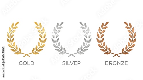 Gold silver and bronze laurel wreath icons award set with elegant victory leaves and medal labels representing achievement, champion recognition and prize celebration designs